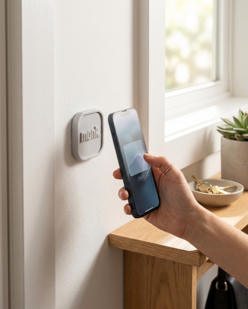 Un iPhone acercándose al Monk pegado en la pared de la entrada